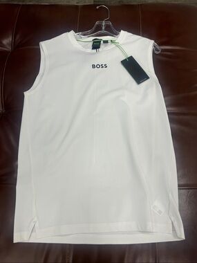 Boss TOC White Stretch Logo Sleeveless Tee with Subtle Black Print NWT